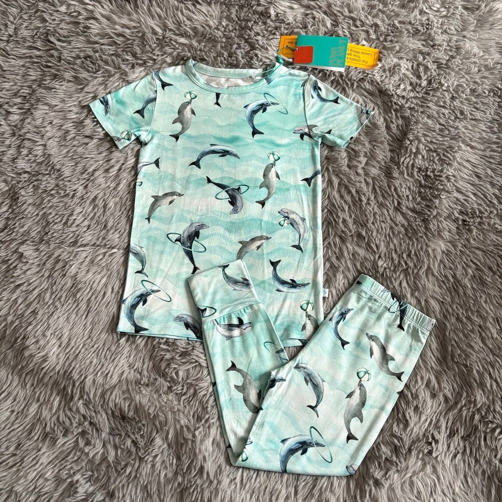 Posh Peanut bamboo 2 Piece Pajama Set Turquoise Dolphins Toddler 4T Unisex NEW‎